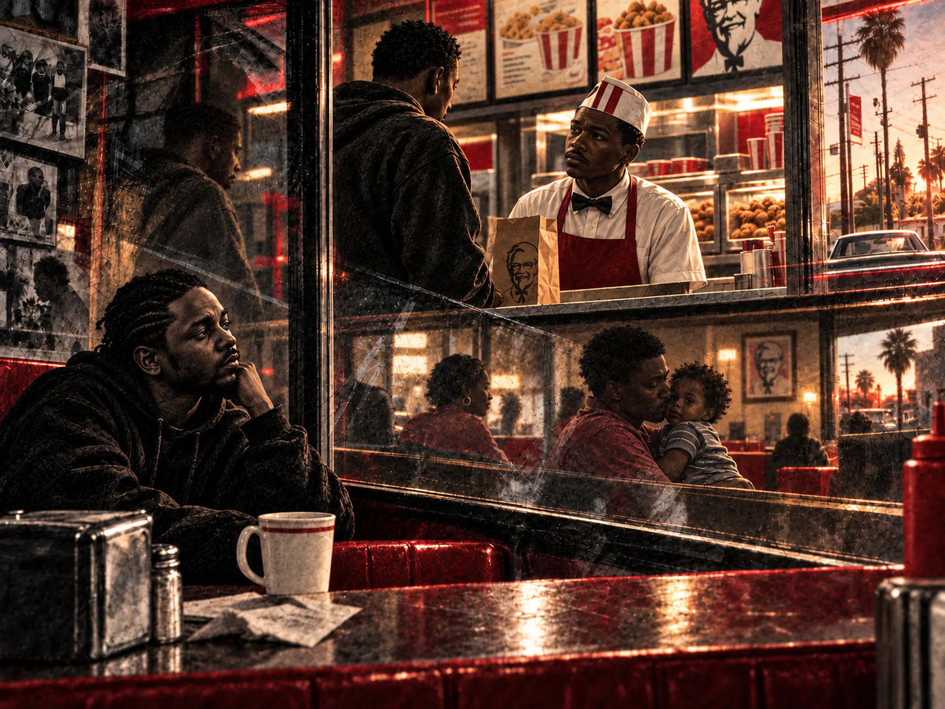 DUCKWORTH. — a layered digital composition in a red-lit diner: an exchange at the counter above, a father holding a child below, and Kendrick Lamar seated in the foreground.
