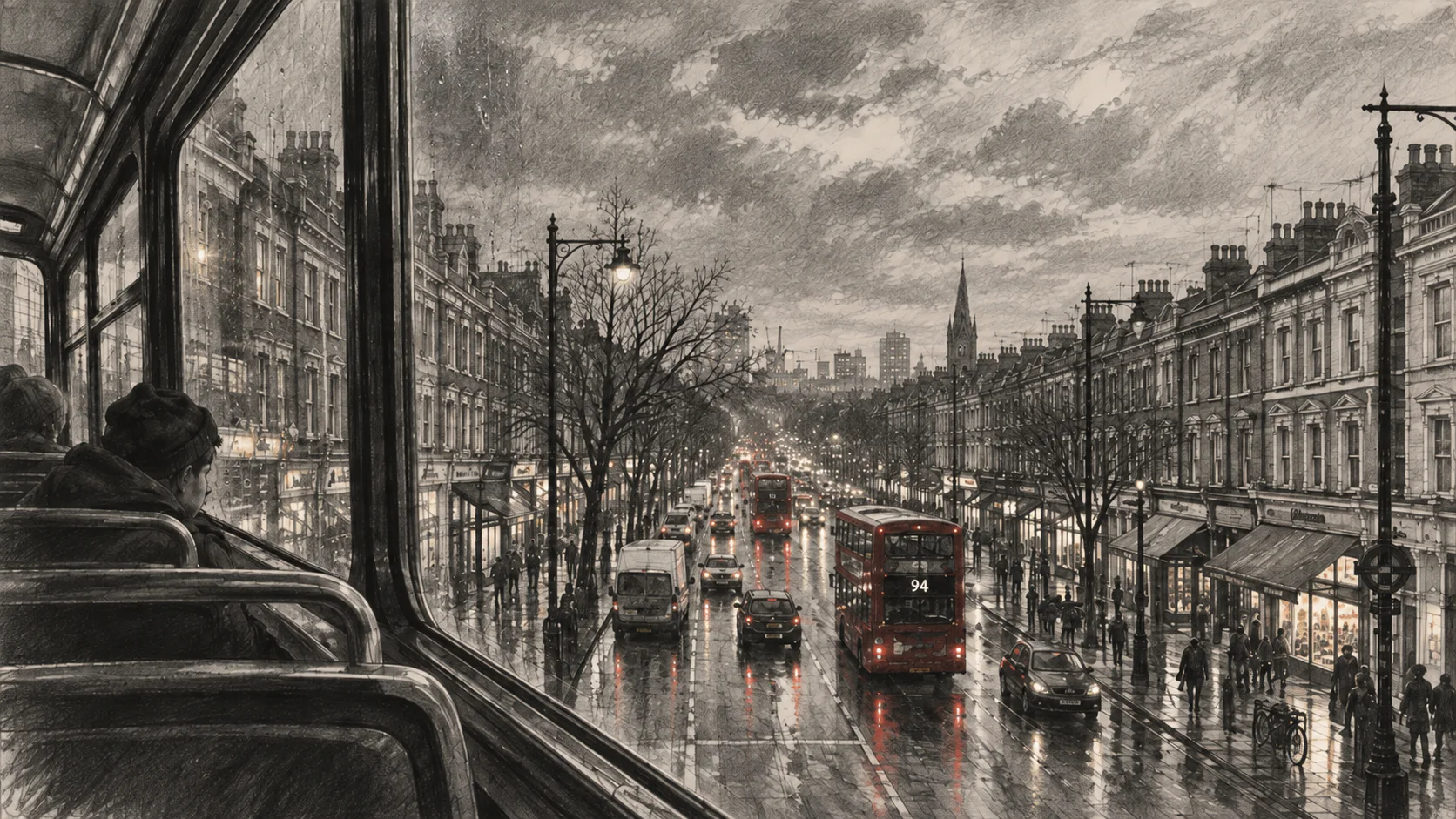 THE 94 — The View. Wide architectural graphite-style drawing from the upper deck of a London bus: a seated passenger on the left, terraced streets and wet traffic below, and a red number 94 bus travelling through the scene.