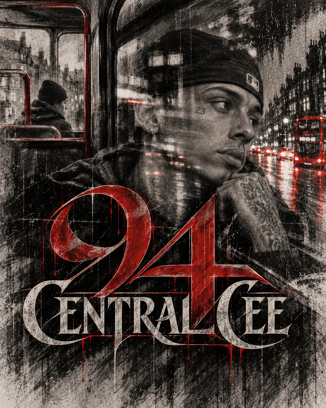 THE 94 — The Reflection. Graphite-style portrait of Central Cee merged with a rain-streaked bus window; a younger passenger appears behind him, while a large red 94 and his name form the lower composition.