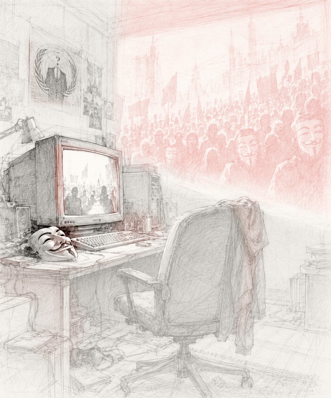An empty chair with a jacket draped over it faces a cluttered CRT computer desk. A Guy Fawkes mask rests by the keyboard, an Anonymous emblem hangs on the wall, and a crowd of masked protesters emerges in pale red pencil behind the workstation.