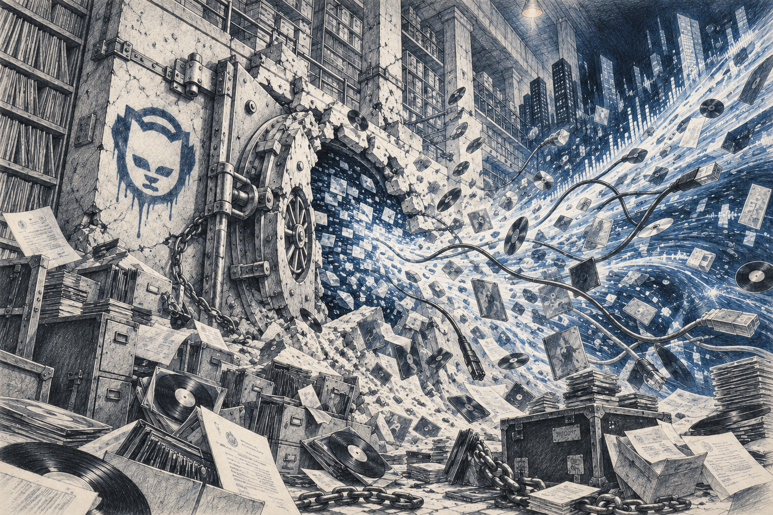 Blue-black graphite illustration of a massive music vault splitting open as vinyl records, CDs, documents and cables surge toward the right; a sprayed Napster cat marks the left wall.