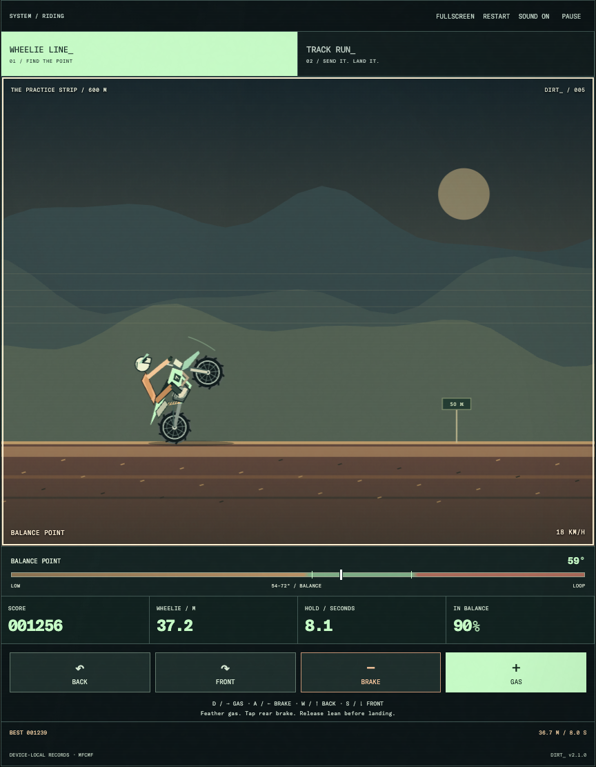 A controlled wheelie and its real distance, duration and quality feedback.