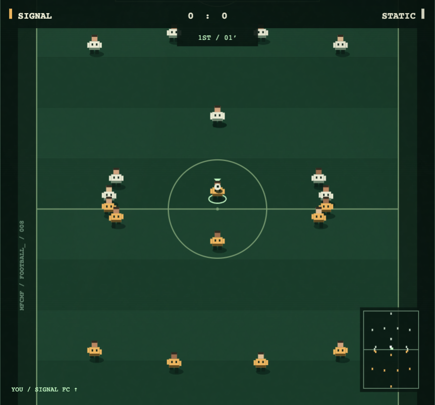FOOTBALL_: amber Signal FC and ivory Static Utd on a green pitch, with the selected player marked during a Casual computer match.