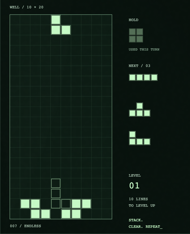 TETRIS_ in the mint-only palette: placed blocks, the outlined landing position, a held piece and the next three shapes.